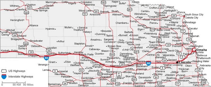 Nebraska State Road Map With Census Information