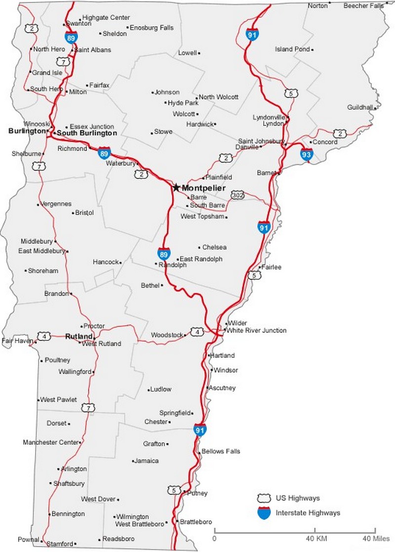 Vermont State Road Map With Census Information